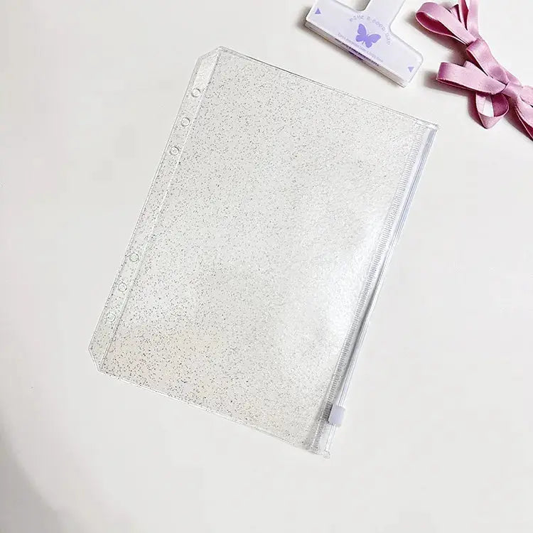 Glitter clear PVC zipper binder for 6-ring notebooks (A5/A6/A7), waterproof