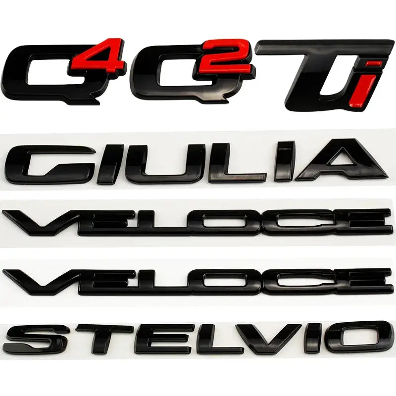 Alfa Romeo glossy black badge set with Q2/Q4, GIULIA, VELOCE, STELVIO and TI emblems for rear trunk