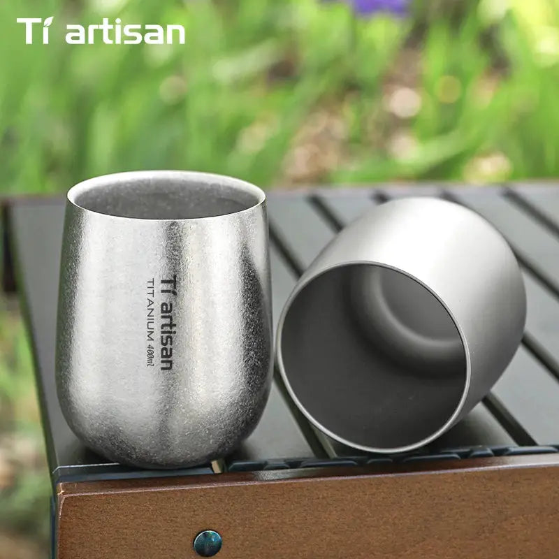 Tiartisan titanium beer cup set, 2 mugs, 255ml/400ml, double-wall brushed-silver outdoor camping drinkware