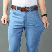 Ice Silk Denim Jeans For Men Blue Straight Stretch Cotton Pants