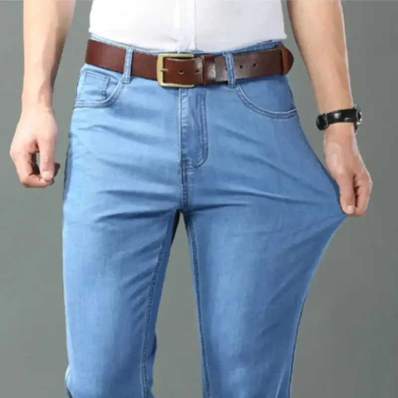 Ice Silk Denim Jeans For Men Blue Straight Stretch Cotton Pants