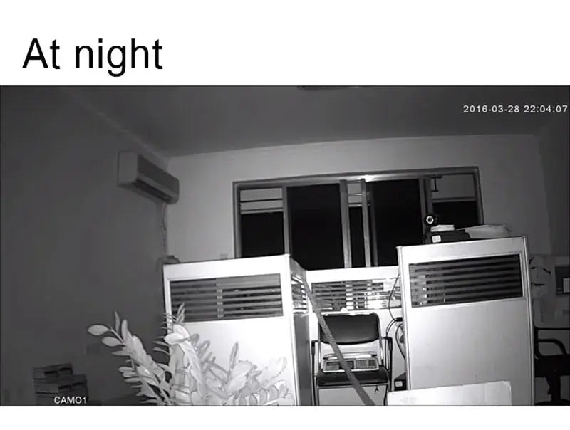 IP camera night-vision surveillance in a dim indoor office, black-and-white CCTV footage