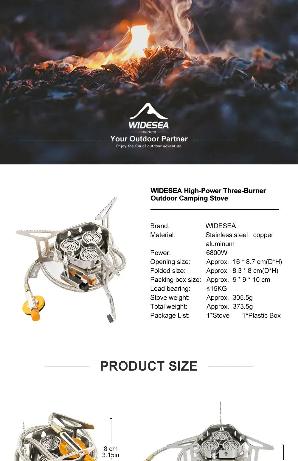 Widesea three-burner outdoor camping gas stove, stainless steel, high-power 6800W