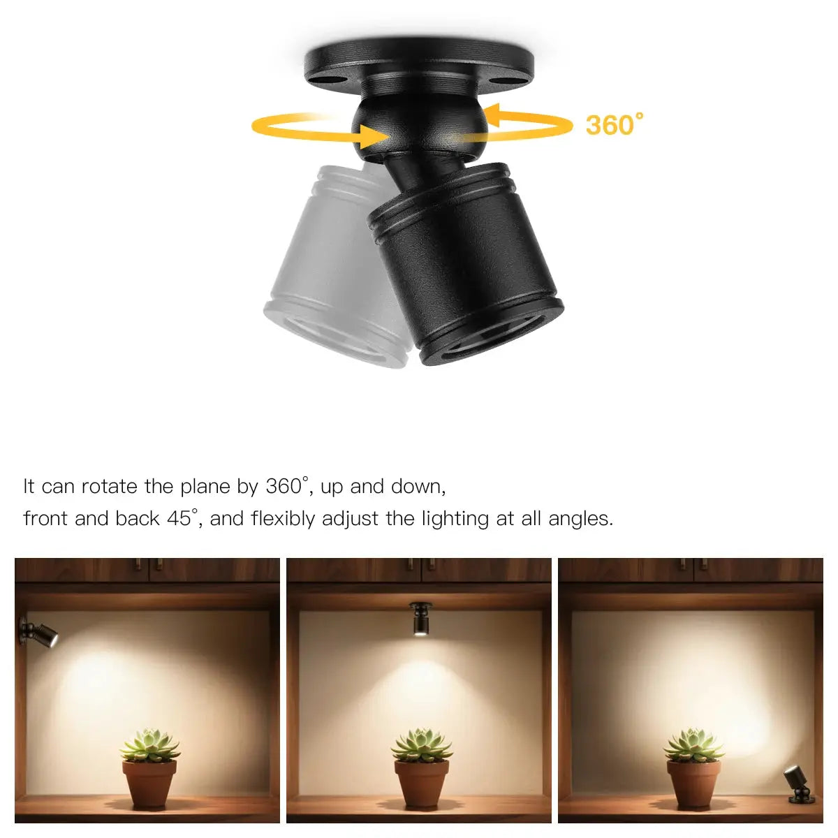 Colorful LED USB mini ceiling spotlight, Simples Market, black dual-head 1W, 360° rotation, adjustable tilt.