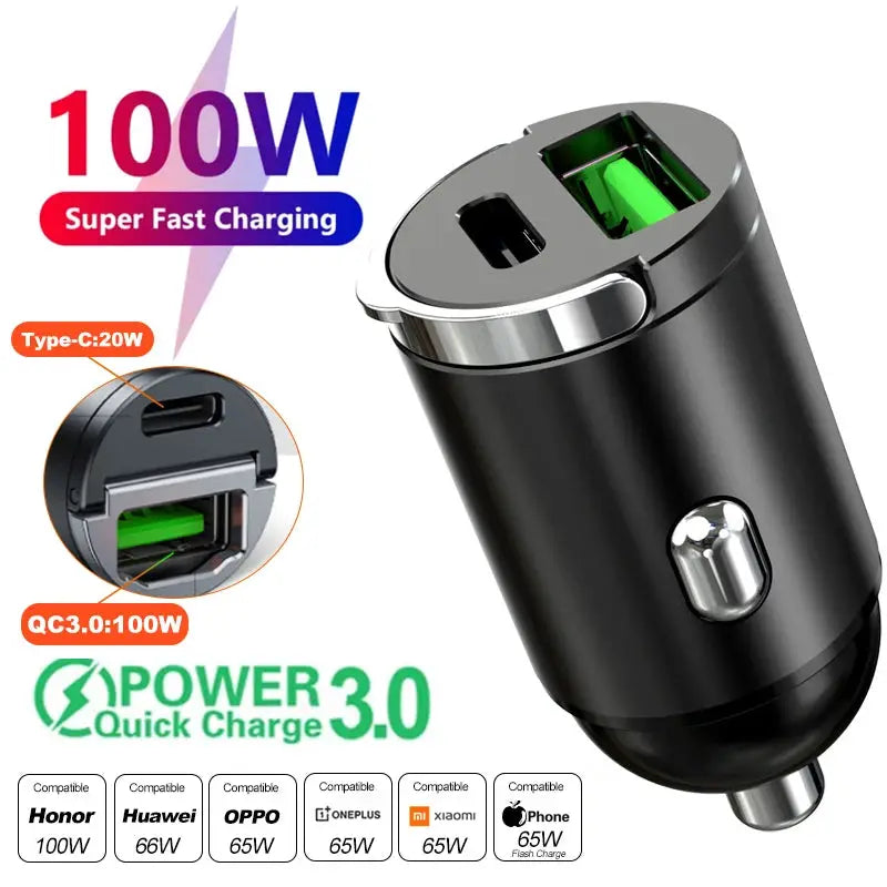 100W And 200W QC3.0 PD Mini Car Charger 12 To 24V USB Type C Charger For Xiaomi Samsung Huawei iPhone