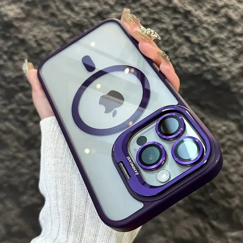 iPhone case purple magnetic shockproof with clear back, MagSafe compatible and camera lens protector