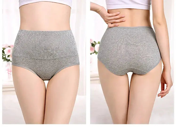 Plus-size women's high-waist cotton briefs in grey, front and back views.