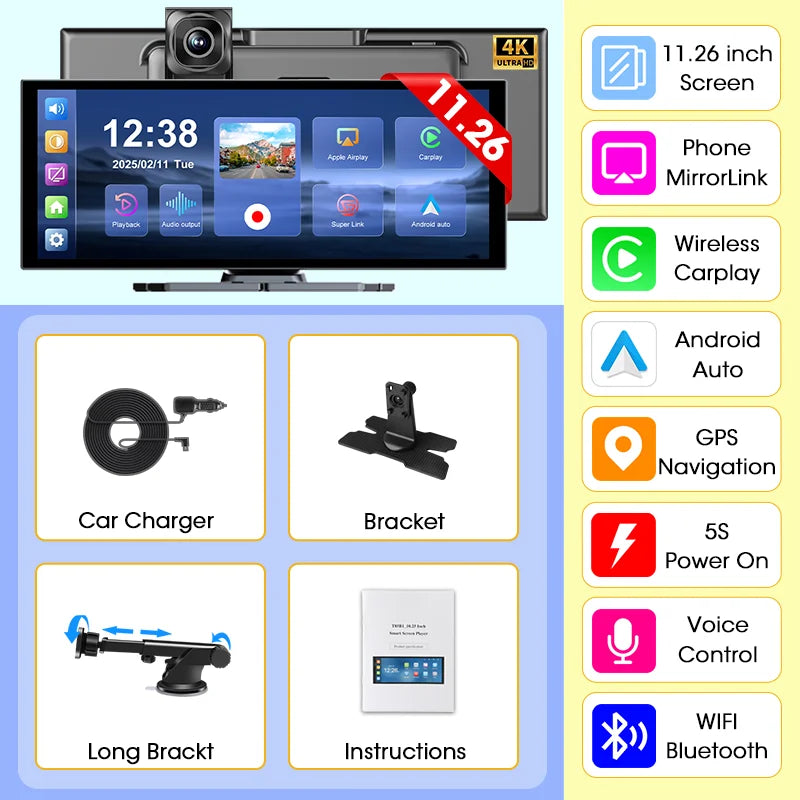 Develuck 4K Dash Cam With Wireless CarPlay Android Auto 5G Navigation