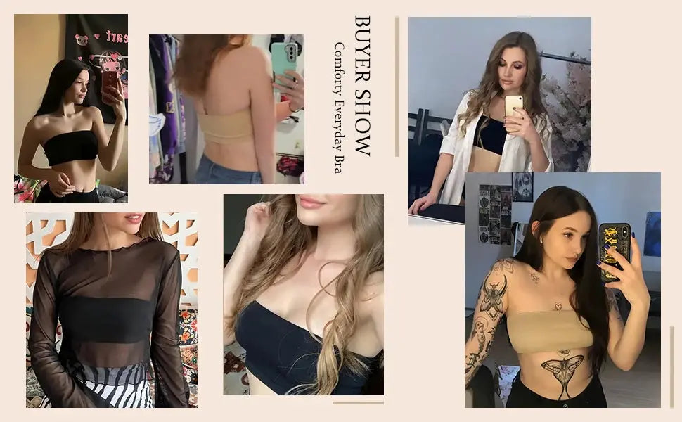 Simples Market seamless strapless tube top bra in assorted colors; six looks shown