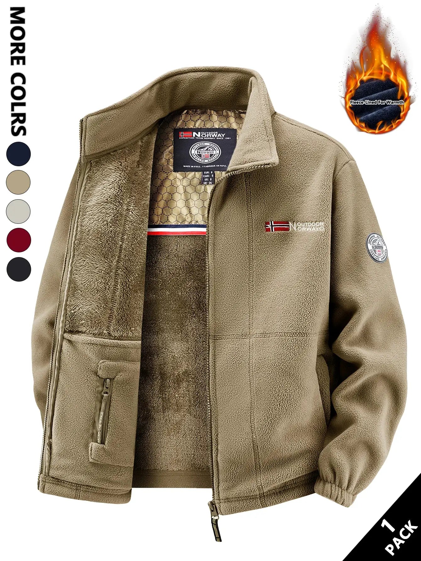 Men's tan fleece jacket with zip pockets and warm fleece lining; features outdoor Norway patch