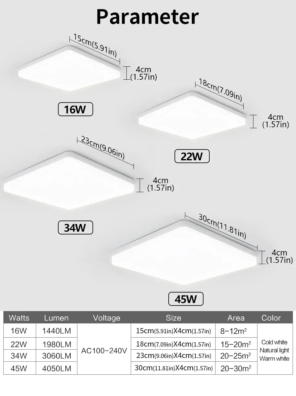 MARPOU square LED ceiling lamp by Simples Market; available in cold, natural and warm white, 16-45W (15-30 cm).