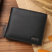 Classic short genuine leather men's wallet in black with coin pocket and card holder by Simples Market.