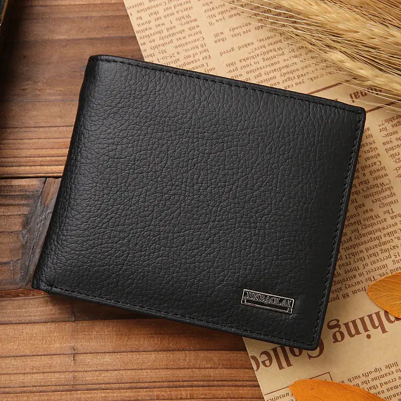 Classic short genuine leather men's wallet in black with coin pocket and card holder by Simples Market.