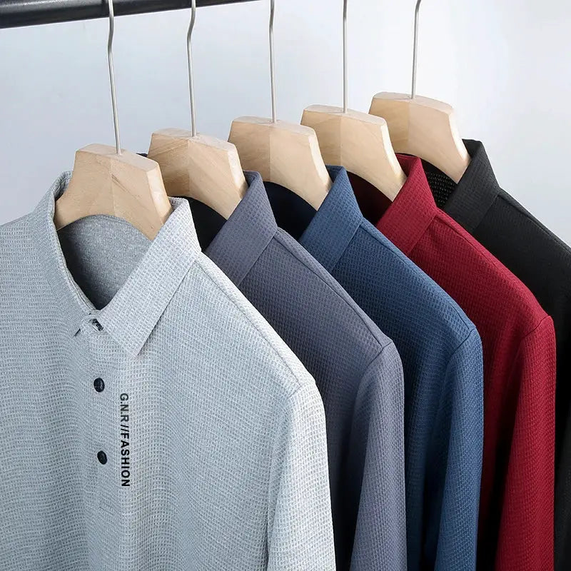 Men's waffle polo shirts set of 6 on hangers in assorted colors with GNRFASHION branding on placket