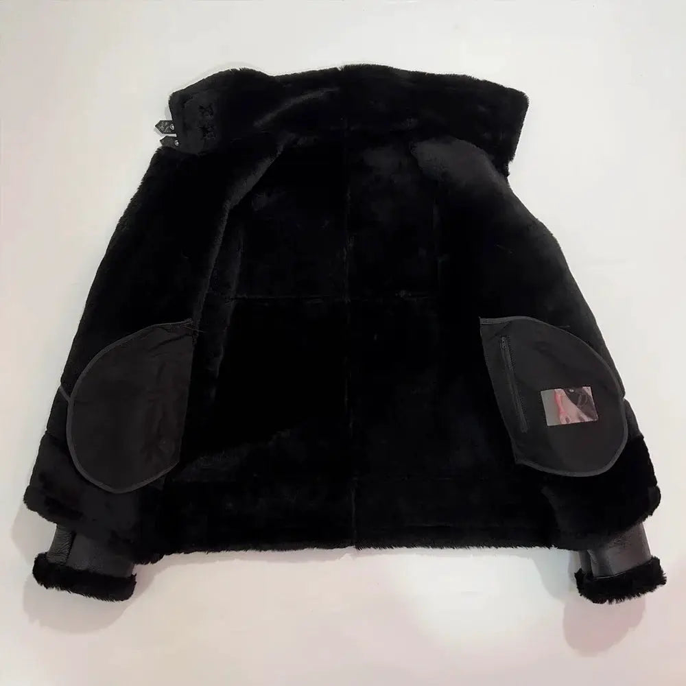 Men's black genuine sheepskin fur jacket by Simples Market, thick warm wool, flight-style leather details