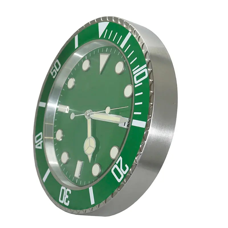 Simples Market 34cm metal wall clock with green dial, silver bezel and luminous hands