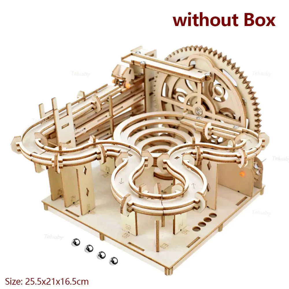 3D Wooden Puzzle Mechanical Model Building Kit Marble Run Set With 4 Balls For Adults And Kids Gift