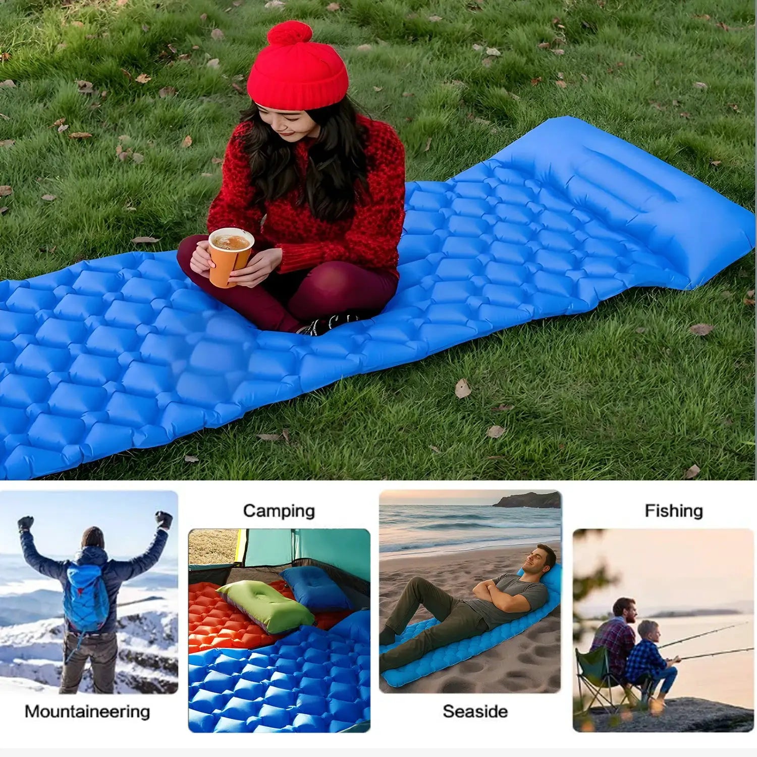 Inflatable sleeping pad by Simples Market, ultralight blue camping mat on grass with a person in a red hat