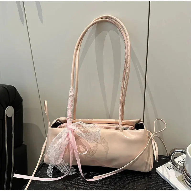 French elegant square bag by Simples Market, blush pink PU leather with lace bow, shoulder bag