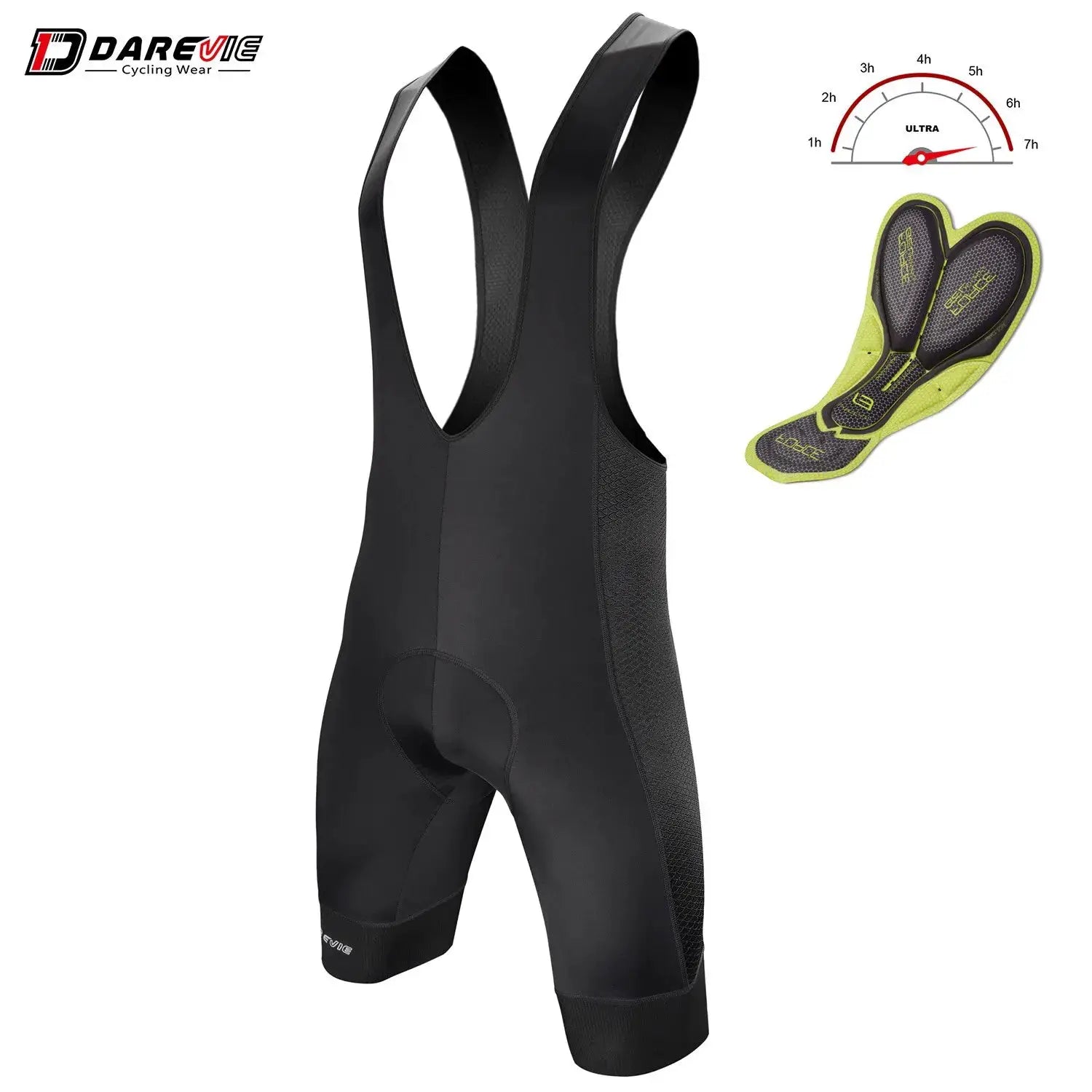 DAREVE cycling bib shorts with 3D gel pad, black breathable fabric, 7cm leg grippers; includes lime gel pads (2 items).