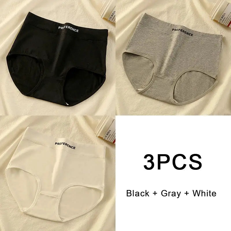 Panties 3-pack high-waist cotton women's underwear in black, gray, white with Preference branding