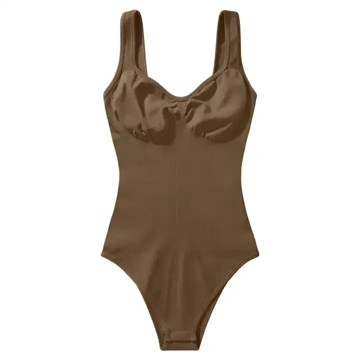 Simples Market brown backless seamless bandage bodysuit with wide straps