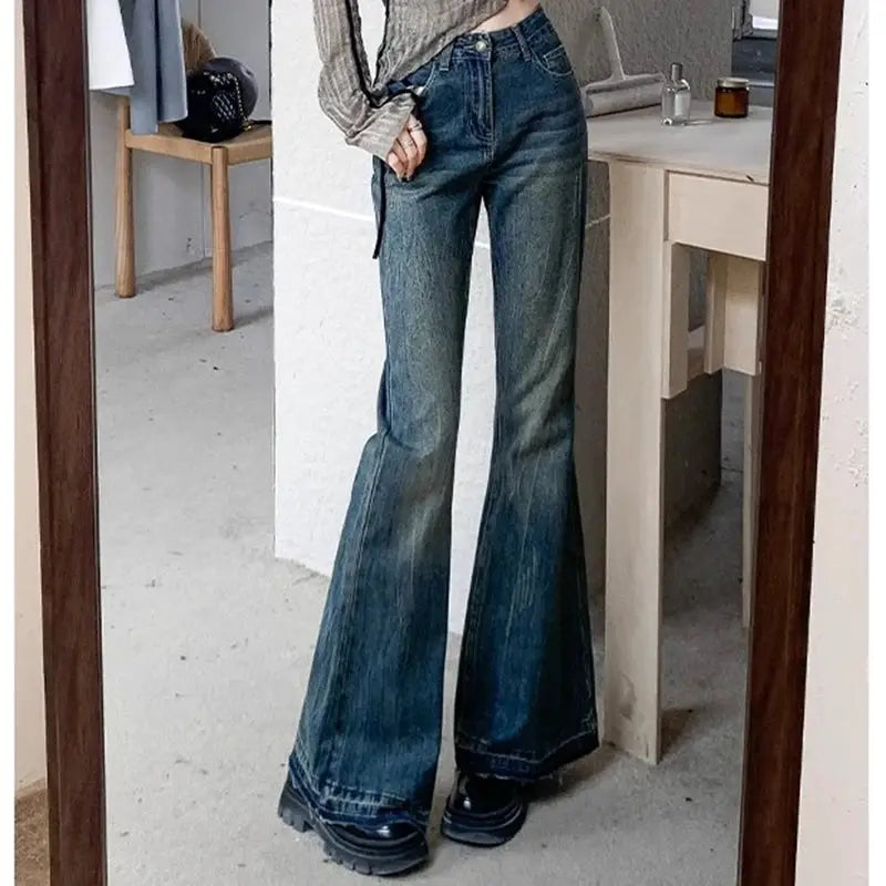 Women High Waist Vintage Flare Jeans Bell Bottom Denim Trousers