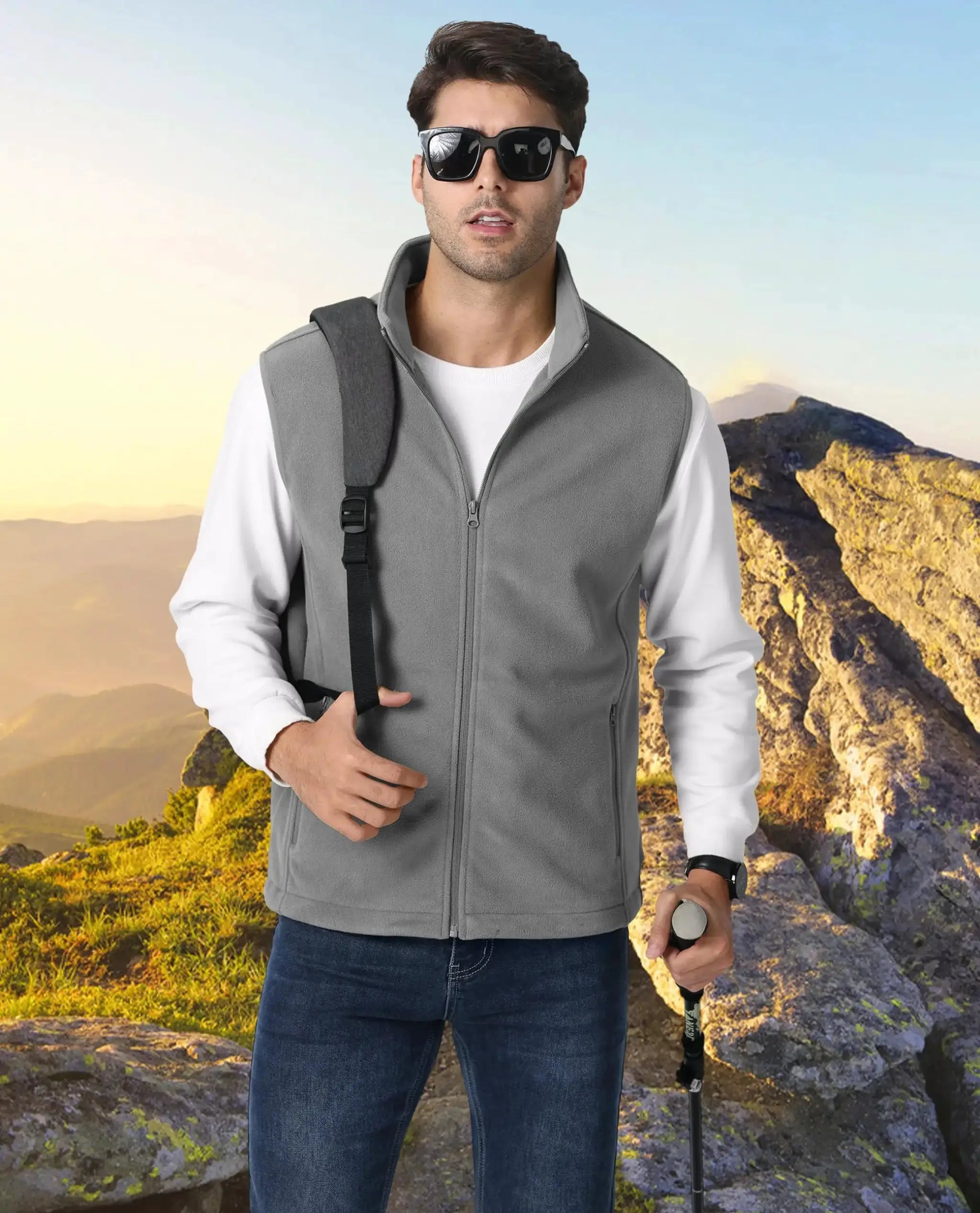 TACVASEN fleece vest for men, grey stand-collar sleeveless jacket for hiking outdoors