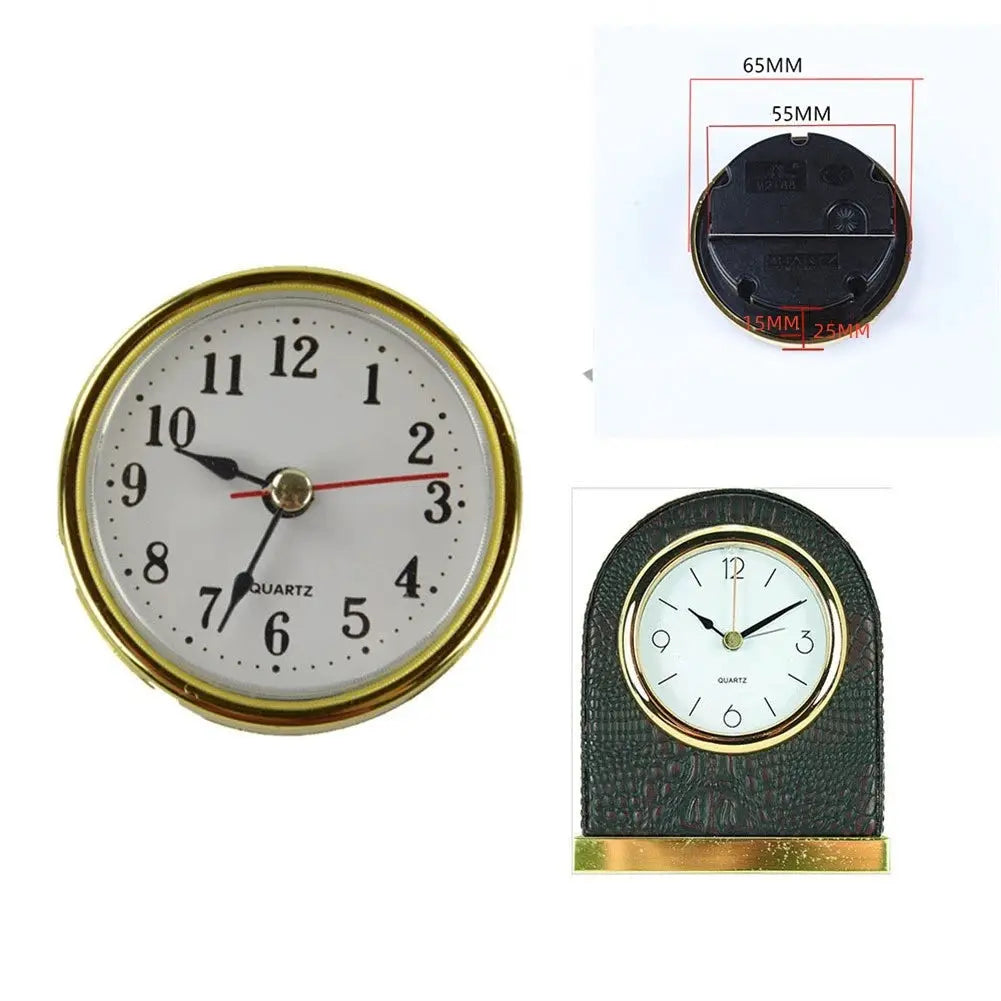65mm round wall clock insert with quartz movement, white dial, black numerals, gold bezel; three clocks shown