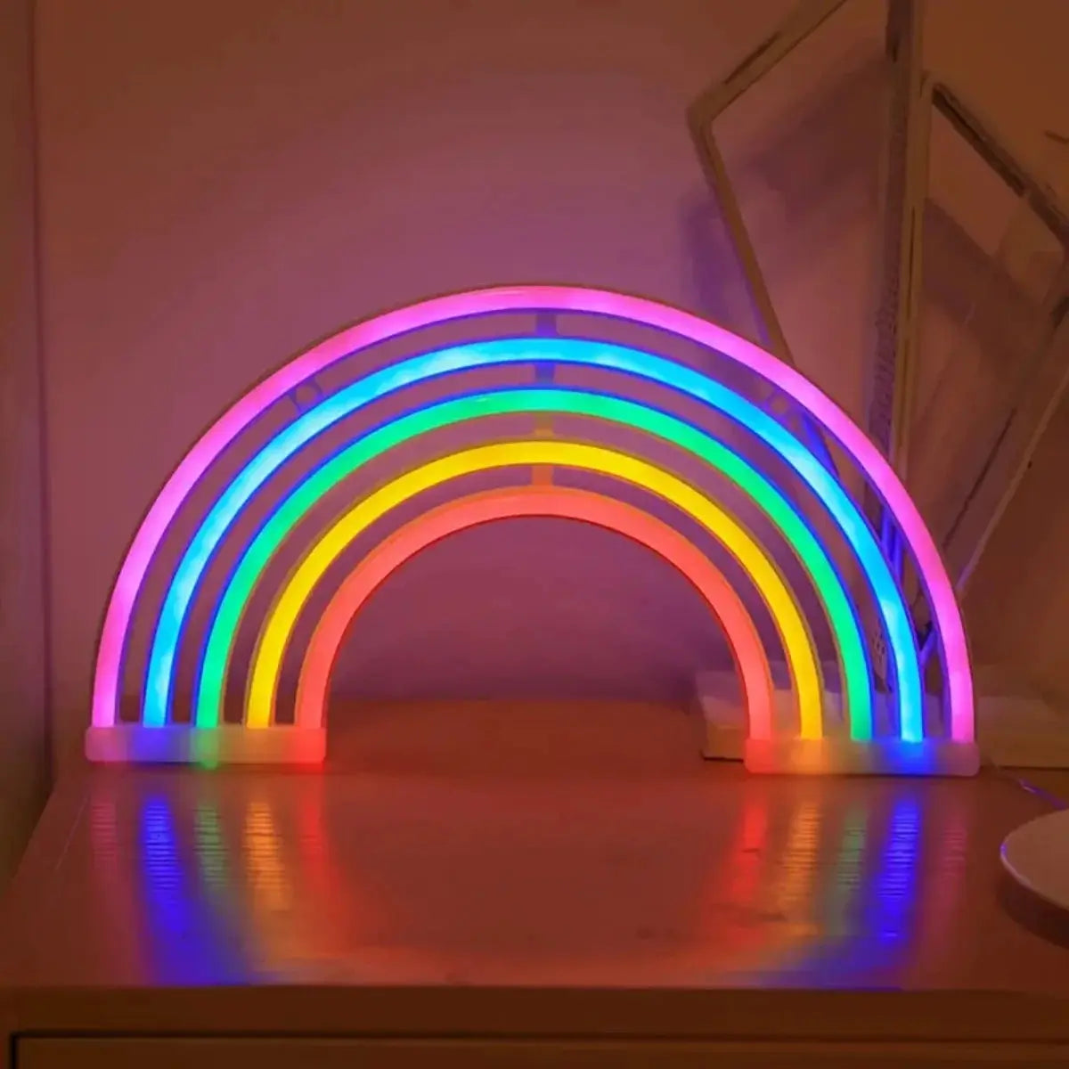 Rainbow neon arc desk lamp with multicolor LEDs, 30 cm wide, ideal for birthday parties and home decor.