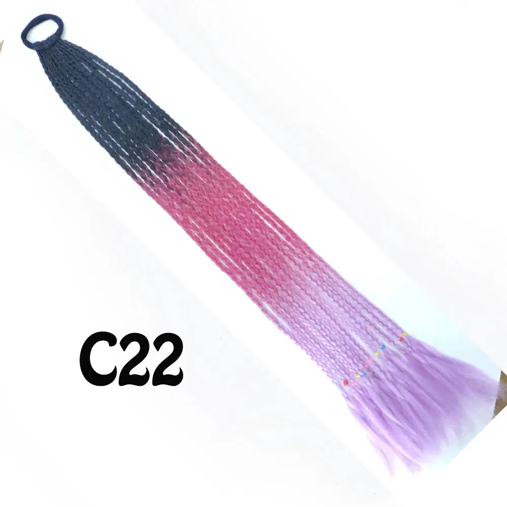 Ponytail extension with gradient rainbow braid, 24-inch length from dark blue to lavender with elastic band