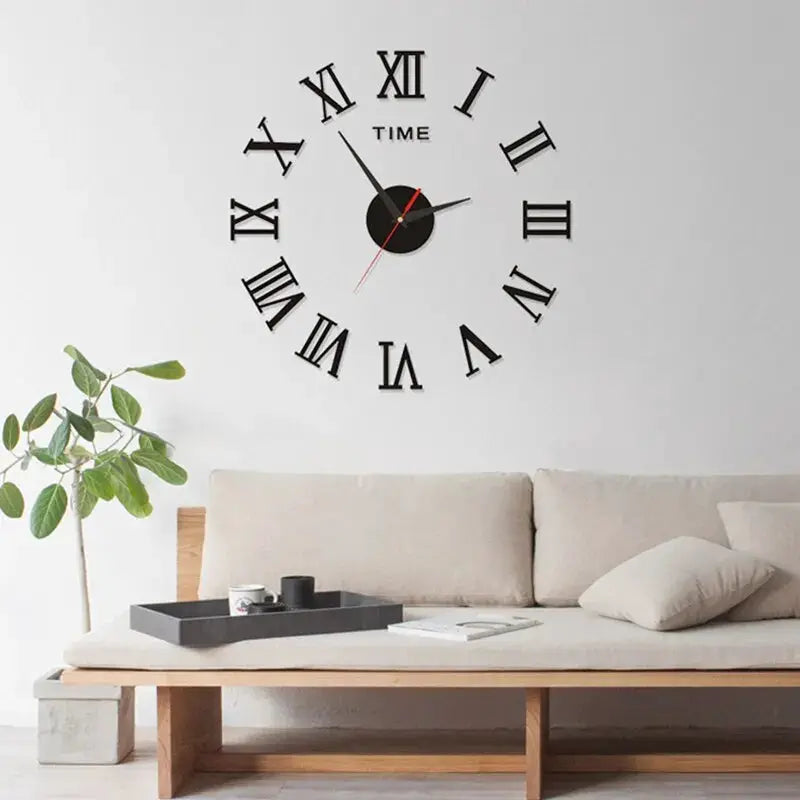 Simples Market 3D acrylic round mirror wall clock with Roman numerals, large home decor.