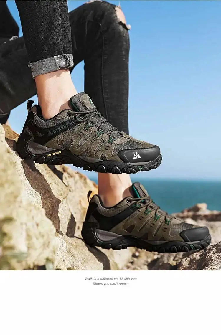 HIKEUP men's hiking shoes olive green suede leather with rugged outsole by Simples Market (two shoes shown)