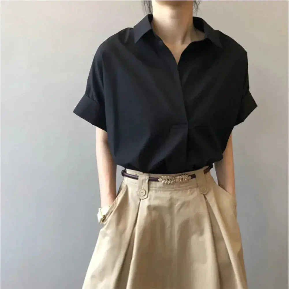 Womens Breathable Blouse Batwing Sleeves With Turn Down Collar