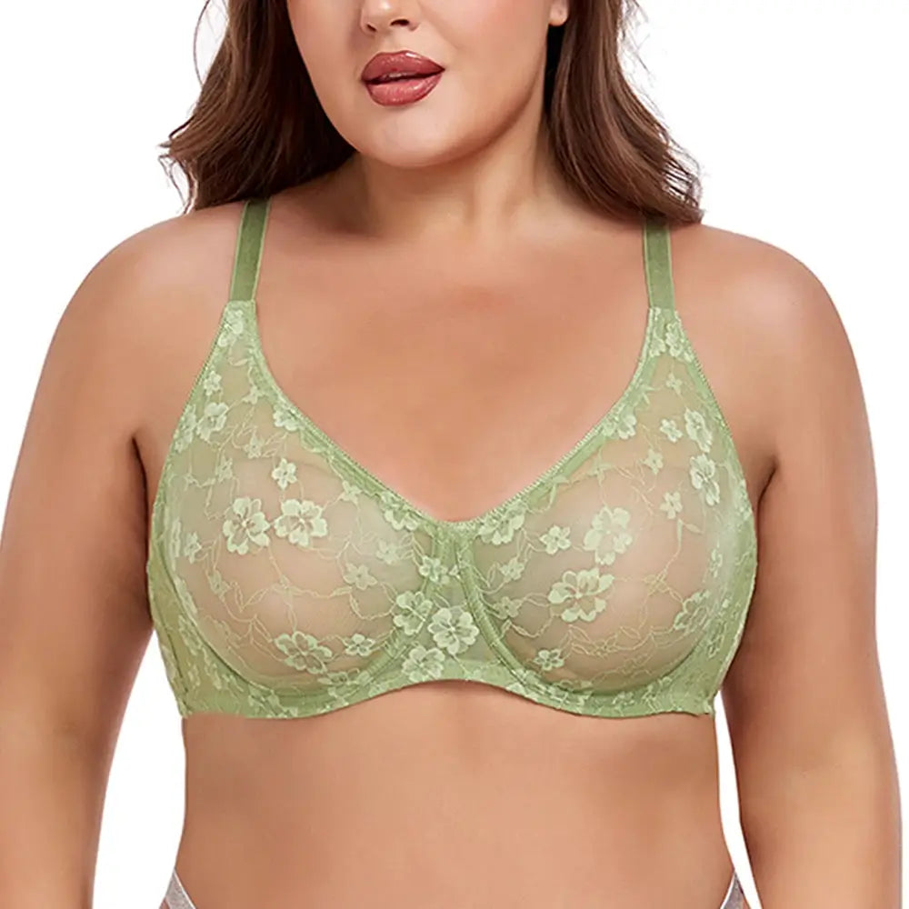 Plus size green lace underwire bra with floral pattern, Simples Market