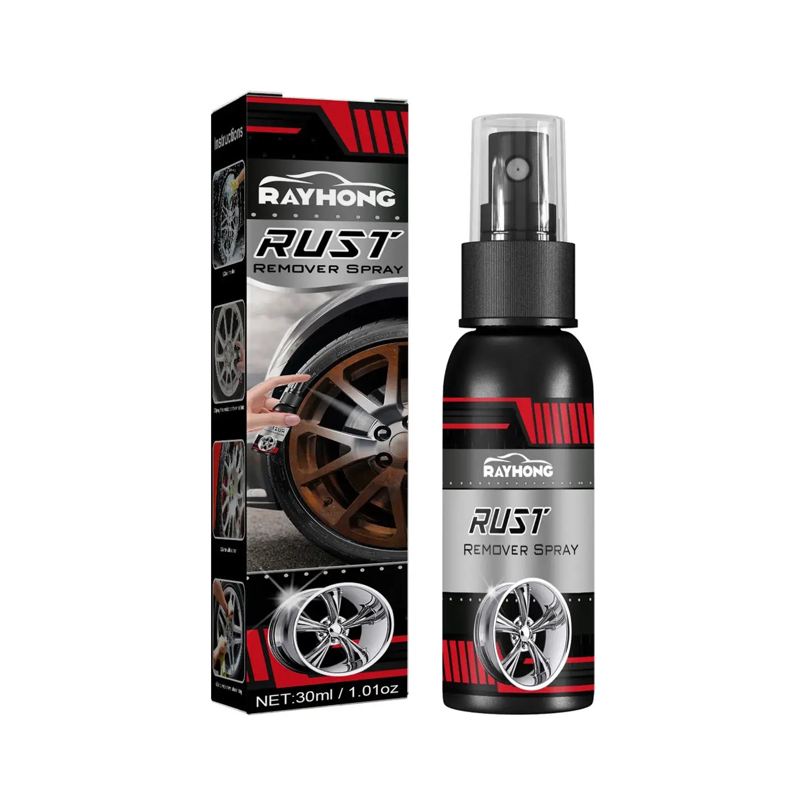 Rayhong rust remover spray bottle and box, black bottle with red stripe, 30 ml