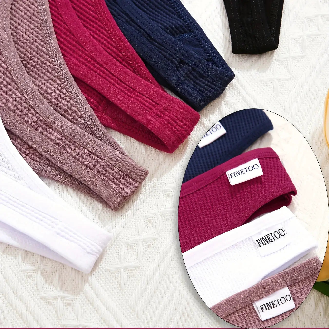 4-piece waffle-knit cotton panties set for women; assorted solid colors with FINETOO labels