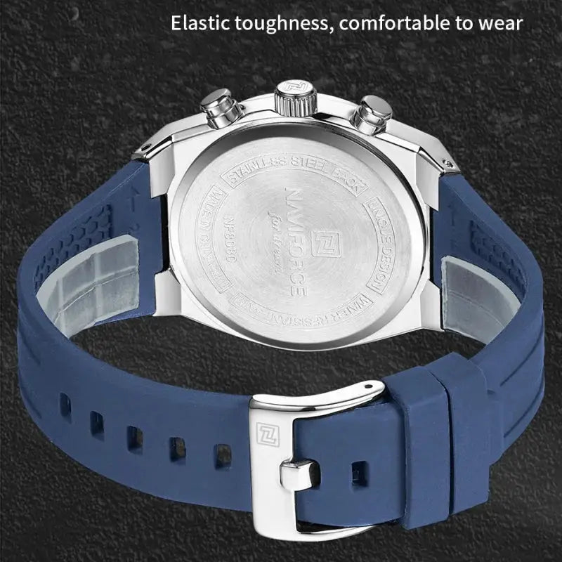 NAVIFORCE men's multifunctional chronograph watch with blue silicone strap and stainless steel case by Simples Market.