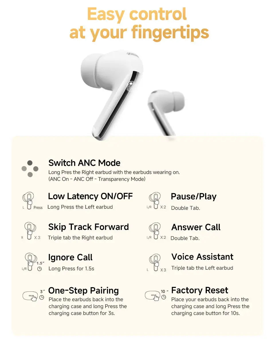 QCY MeloBuds Pro ANC wireless earbuds; pair of white earbuds with black stems from Simples Market and touch controls