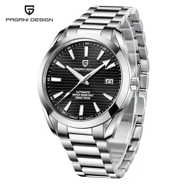 Pagani Design A150 40mm men's stainless steel automatic watch with black dial, sapphire glass, date, 100m WR