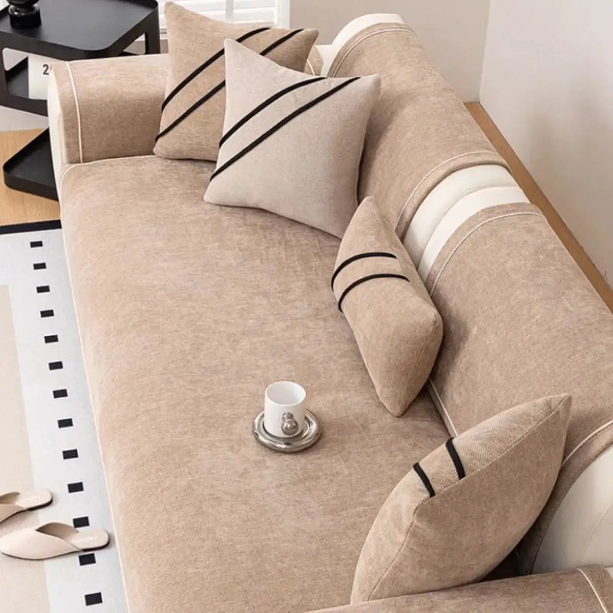 Heavy Non-Slip Sofa Protector Classic by Simples Market in beige chenille with decorative stitching