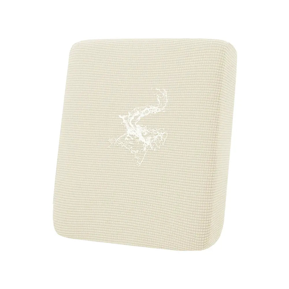 Sofa cushion cover in beige waffle jacquard fabric with a white logo emblem