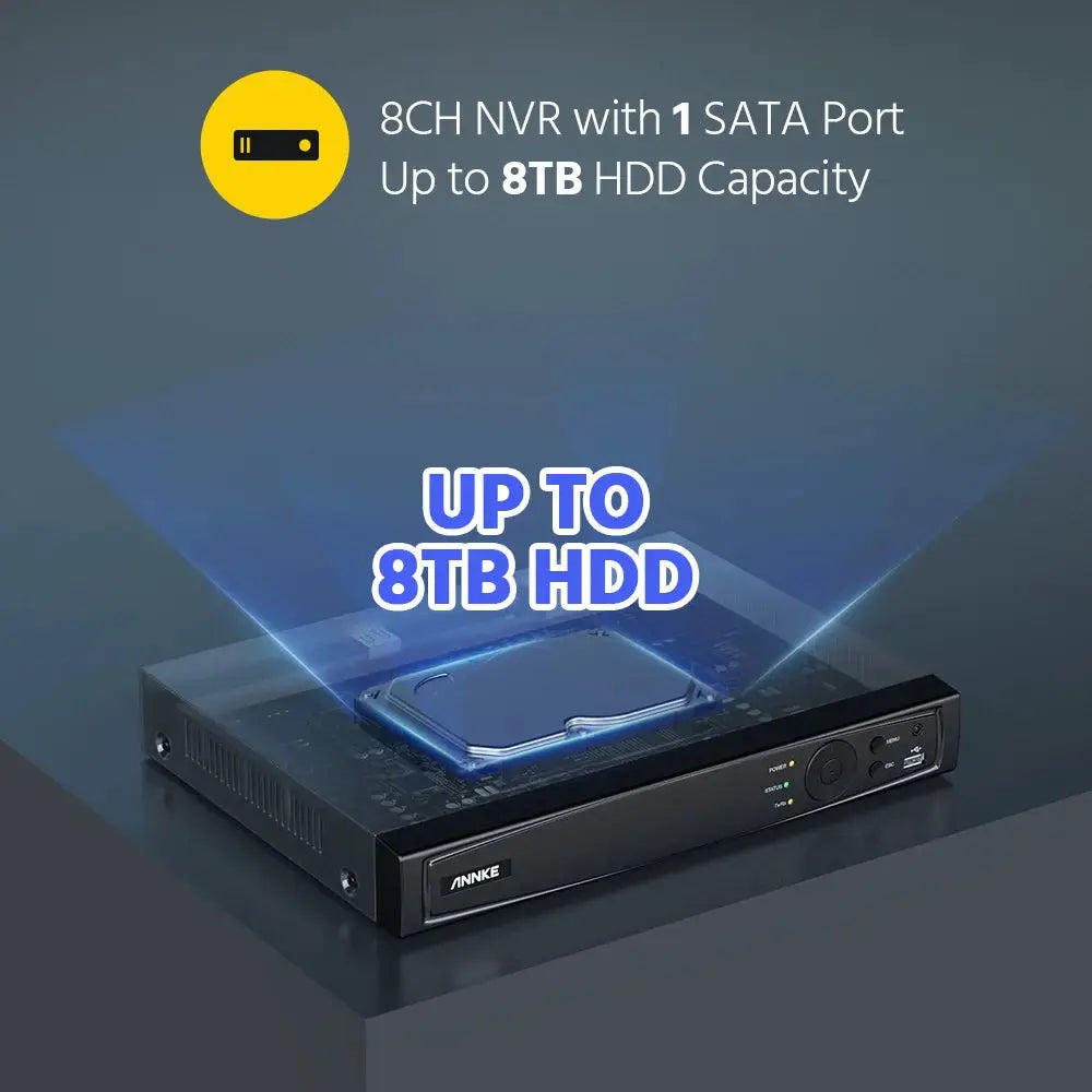 ANNKE 8CH NVR with 1 SATA port, up to 8TB HDD capacity, black metal enclosure