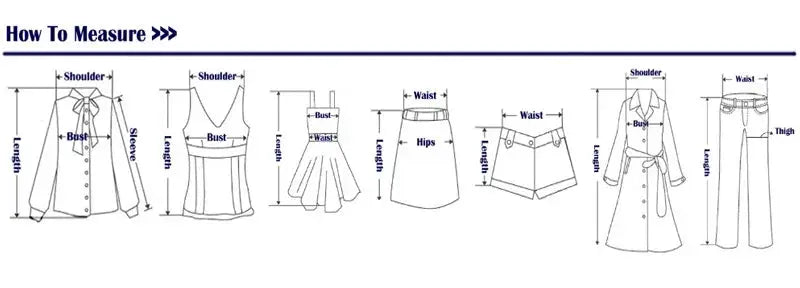 Garment measurement guide diagrams showing shoulder, bust, waist, hip and length measurements