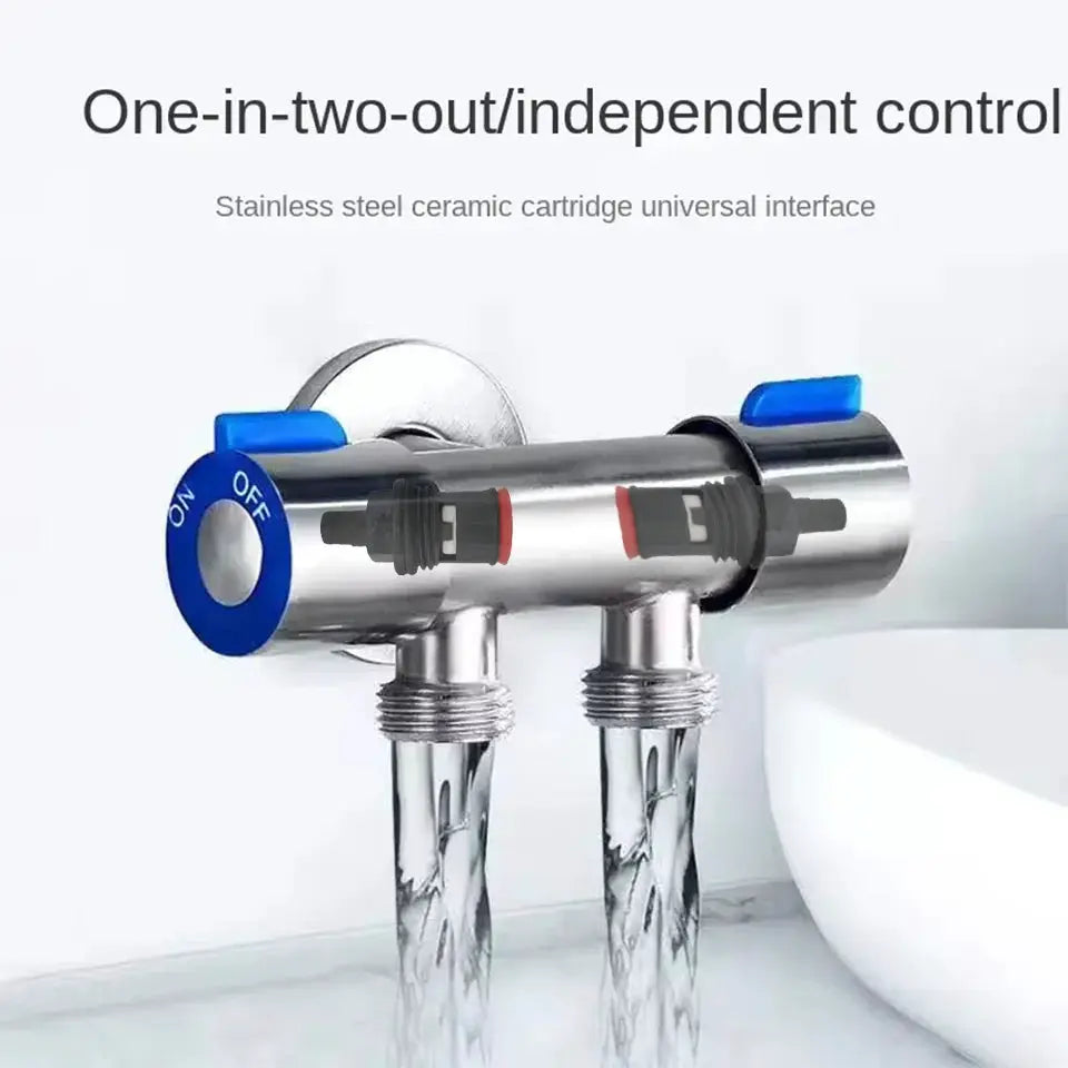 Simples Market stainless steel angle valve with one inlet and two outlets, dual control handles with blue levers.