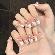 LuxeNail Cat Eye French Press On Nails With Pink Bow Decor Full Cover Almond Tips