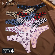 FINETOO women's thong underwear set, 4 pcs, seamless ultra-soft fabric with leopard and butterfly prints