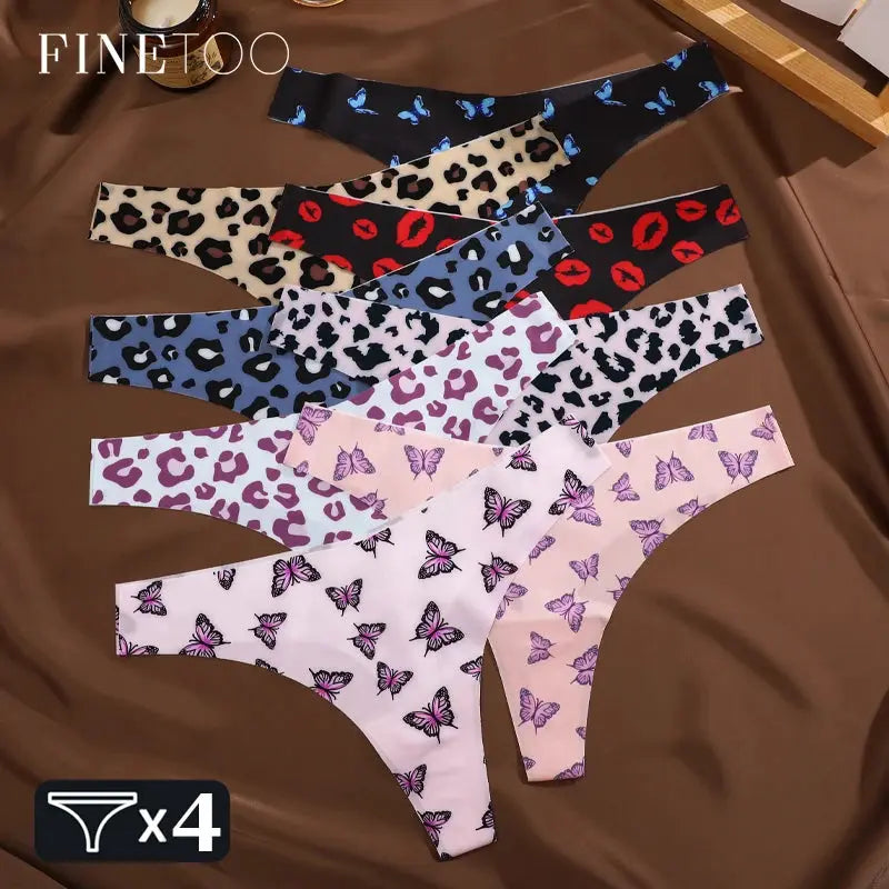 FINETOO women's thong underwear set, 4 pcs, seamless ultra-soft fabric with leopard and butterfly prints