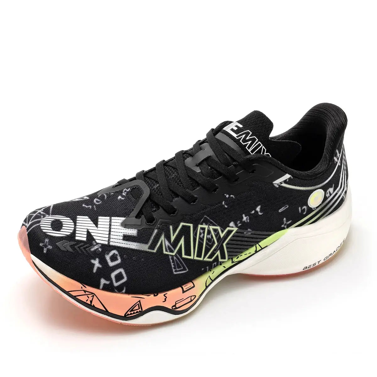 ONEMIX Marathon Carbon Plate running shoes in black with a gradient peach-to-lime sole
