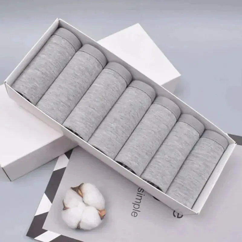 Simples Market 7Pcs panties set for women, grey cotton briefs; breathable and soft, arranged in a white box